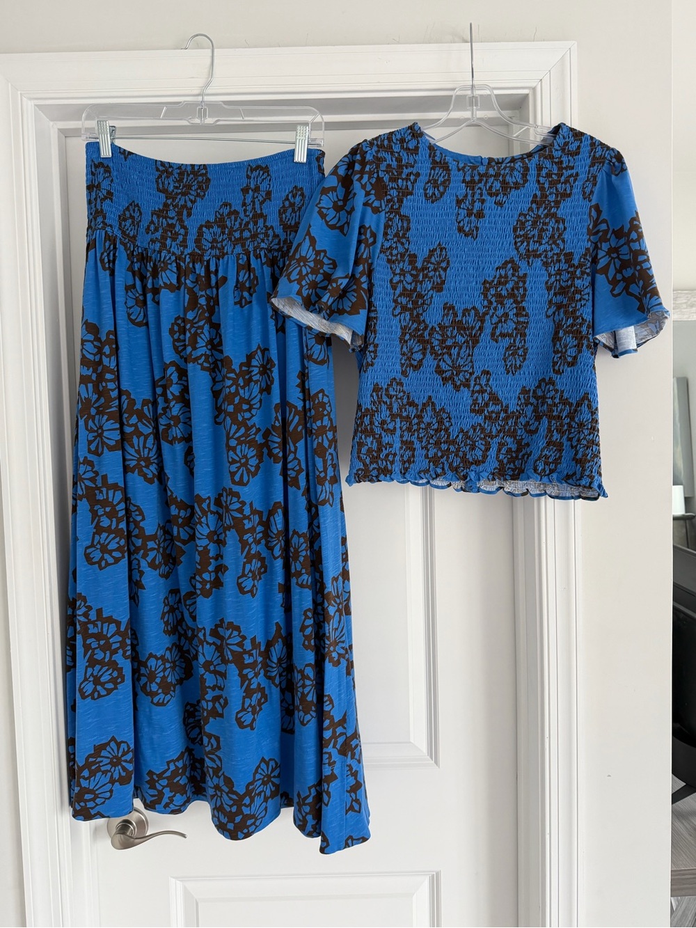 ME+EM Blue and Brown Floral Maxi Skirt and Top Set